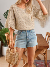 LUNE Women's Vacation Round Neck Flare Sleeve Lace Embroidered Blouse